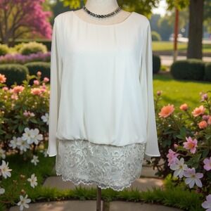 Giorgio Chiffon Lace Blouse Womens XL Cream Split Sleeve Lined Romantic Feminine